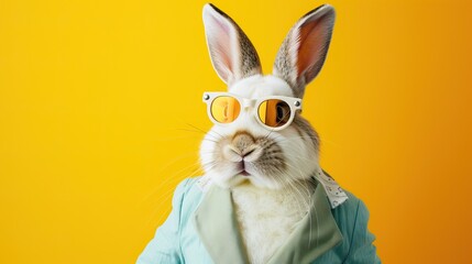 Stylish rabbit wearing sunglasses and bow tie in a sunlit forest for themed events marketing or cheerful greeting cards