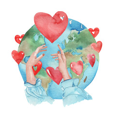 World Kindness Day. November 13. Holiday Concept.Caring, responsibility, altruism of people.Watercolor illusstration planet,heart and hands isolated on white backround.