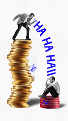Poster. Contemporary art collage. Successful and rich man stands on larger stack of coins and mocks man who sits on small and low stack of coins. Concept of mental pressure, bullying, risk tolerance, © Lustre Art Group 