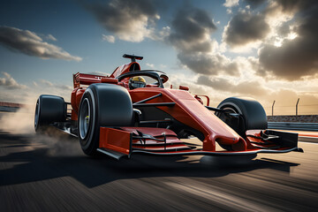 Red racing car in dynamic motion on a track at sunset. formula 1