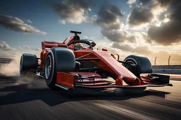 Foto op Canvas Red racing car in dynamic motion on a track at sunset. formula 1 © ImagineStock