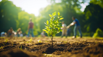 Close-up green young tree with people planting trees as a background. Environmental conservation. Reforestation concept. Ecosystem restoration. - obrazy, fototapety, plakaty