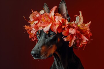 A playful canine adorned in a delicate floral crown, radiating a charming and endearing presence as it showcases the innate beauty of the animal kingdom - obrazy, fototapety, plakaty