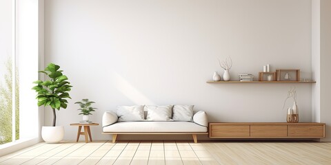 Stylish and minimalistic modern home decor with open space, wooden furniture, plants, mirror, and...