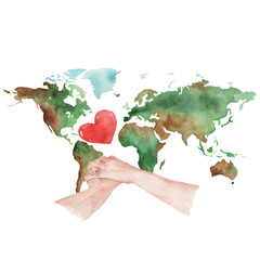 World Kindness Day. November 13. Holiday Concept.Caring, responsibility, altruism of people.Watercolor illusstration planet map,heart and hands isolated on white backround.