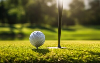 Obraz premium Poster with a golf ball on tee and golf club on the grass field. AI Generative.