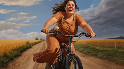 Embracing body positivity, an obese woman enjoys a sunny summer day as she rides a bicycle on the lawn, radiating confidence and joy.