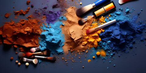 Cosmetic brushes with color cosmetic powder splash from tip idea for facial product and cosmetic background,
