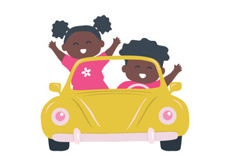 Cute black children in yellow car. Kids smiles and waves their hands. Boy and Girl ride in a toy retro car. Yellow cabriolet. Vector illustration