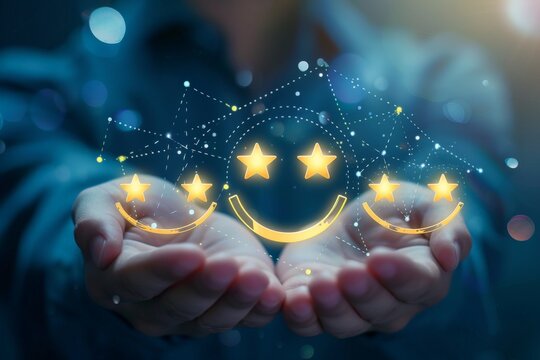 Naklejki Service hotline, unified communication channel friendly love positive feedback. Polite client relations accompany glowing smiles, blessed star emoji ratings good happy bright friendly service smileys.