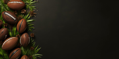 Sports style border design with rugby balls and flatlay grass background