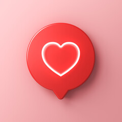 Social media notification neon love like heart icon in red round speech bubble sign pin isolated on pink pastel color wall background with shadow minimal conceptual 3D rendering