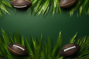 Sports style border design with rugby balls and flatlay grass background