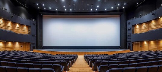 Blank white screen mockup in modern movie theater with people sitting on dark seats