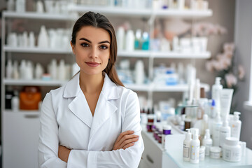 a young woman in medical clothing looks at the camera, a cosmetologist doctor against the background of bottles with creams in a store, a cosmetics consultant smiling