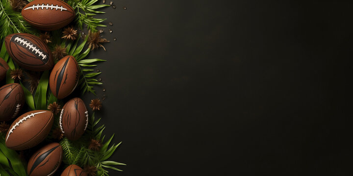 Sports style border design with rugby balls and flatlay grass background - Powered by Adobe