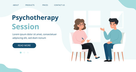 Mental health concept - man talking to psychologist about his problems. Mental health banner or landing page template, vector illustration in flat style