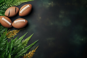 Sports style border design with rugby balls and flatlay grass background