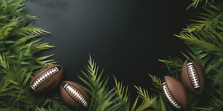 Sports style border design with rugby balls and flatlay grass background