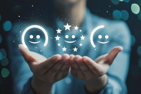 Service hotline, unified communication channel friendly love positive feedback. Polite client relations accompany glowing smiles, blessed star emoji ratings good happy bright friendly service smileys.