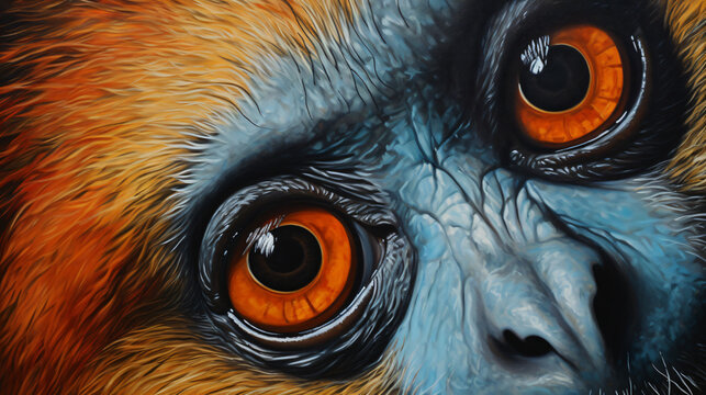 close up of a monkey with big eyes on a blue background