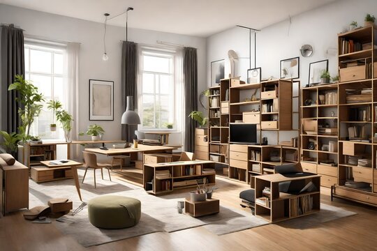 Design a multifunctional living space with furniture that can easily be rearranged 