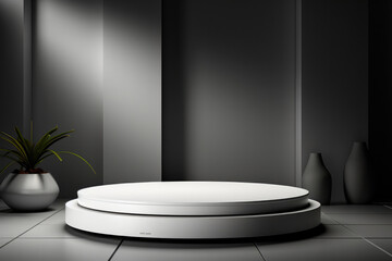 Two level cylindrical white podium for displaying goods on a gray wall background