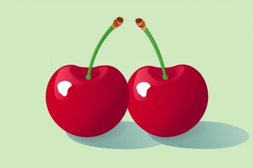 Two Red Cherries With Green Stems on a Green Background