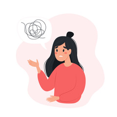 Mental health concept - woman talking to about his problems, confused thoughts. Vector illustration in flat style