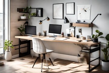 Create a dedicated work nook with a floating desk and stylish organizational accessories  - obrazy, fototapety, plakaty