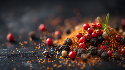 A photo of peppercorns, with a peppery kick as the background, during a gourmet cooking class - Powered by Adobe