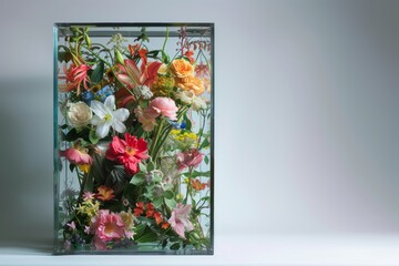 Colorful flowers in a glass vase on the white background. Copy space.