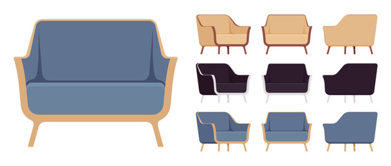 Soft fabric armchair big set, club accent chair. Living, waiting room, lounge space, studio tufted upholstery. Vector flat style cartoon home, office furniture objects isolated on white background