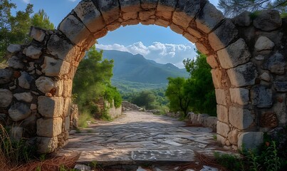 An ancient arched gate, its warm, sunbaked stones whisper tales from bygone eras