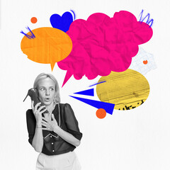 Poster. Modern aesthetic artwork. Excited woman talking to heel with creative colorful speech bubbles. Latest gossip and news. Concept of active listening and speaking, social issues. Copy space.