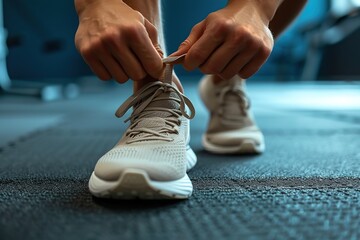 an athlete tying the laces of his sneakers  - obrazy, fototapety, plakaty