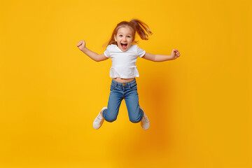 Fototapeta na wymiar jumping child girl isolated on yellow background