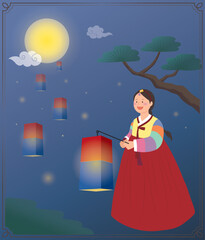 Korean holiday night background illustration with a person wearing hanbok holding a lantern