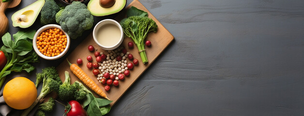 Fototapeta premium Wide view from above banner image of Vegetarian Day food banner with different types of vegetables and fruit items in a manner on light color wooden table background mockup
