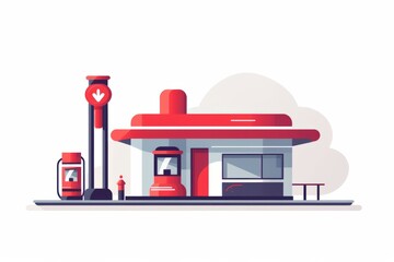 Red and White Gas Station With Red Sign - obrazy, fototapety, plakaty