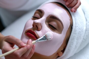 Radiating joy, a smiling woman indulges in self-care, applying a hydrating face mask for a blissful spa day, nurturing her skin and well-being.