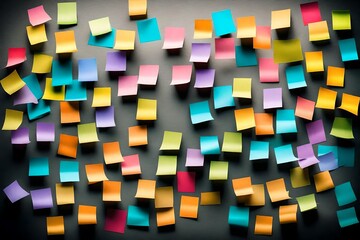 Many colorful, sticky notes, or adhesive notes on a smokey wall.