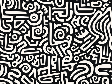 Perfectly seamless pattern, vector repeated abstract african texture. Tribal shapes background, black and white monochrome wallpaper