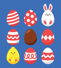 Easter eggs with colorful modern pattern. Chocolate egg. Bunny, Rabbit. Cute cartoon design elements for happy seasonal holiday greeting card, poster, ads banner, promotion, party decoration.