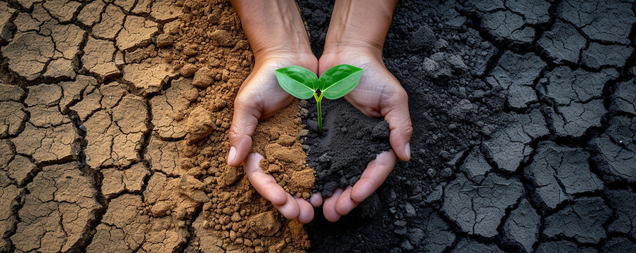 A pair of nurturing hands surrounds a tender green sprout emerging from the parched,  embodying the resilience and promise of regeneration and hope amidst adversity
 ,New Beginnings in Barren Lands