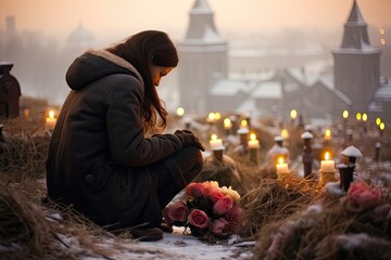 In a poignant moment, a woman sits beside a grave adorned with flowers, paying heartfelt tribute to a departed loved one. - obrazy, fototapety, plakaty