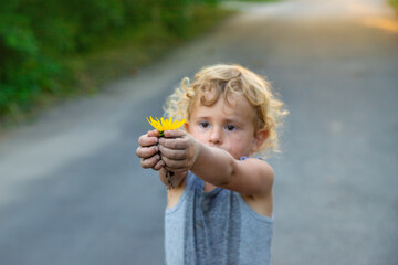 The child holds a flower in his hands. Selective focus.