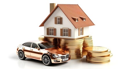 Gold House And Car Icon With Coins