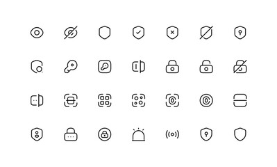Vector set of security line icons. Contains icons digital lock, cyber security, password, smart home, computer security, electronic key, fingerprint and more.