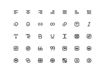 Type, paragraph and character line icons set. Text editing, alignment, format and other buttons.
